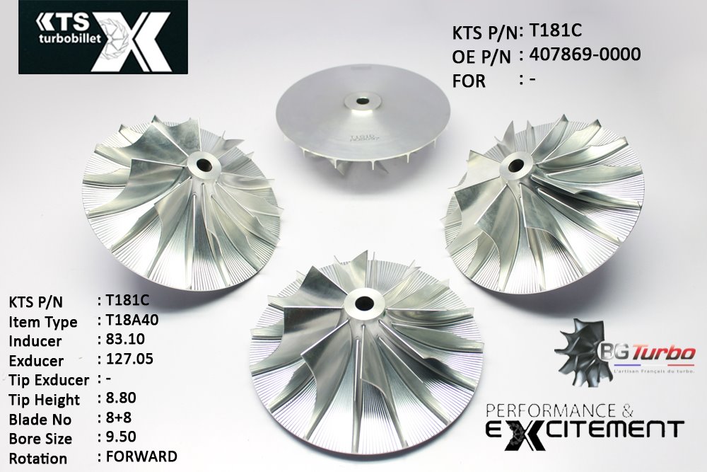 Turbo ROUE FORGÉE MFS PERFORMANCE - 8+8 PALES - INDUCER : 83,1 - EXDUCER : 127,05 - TYPE : T18A40ANGLE : 90° - ROTATION : Forward - SUPER BACK : 4,6 - BORE SIZE : 9,5
